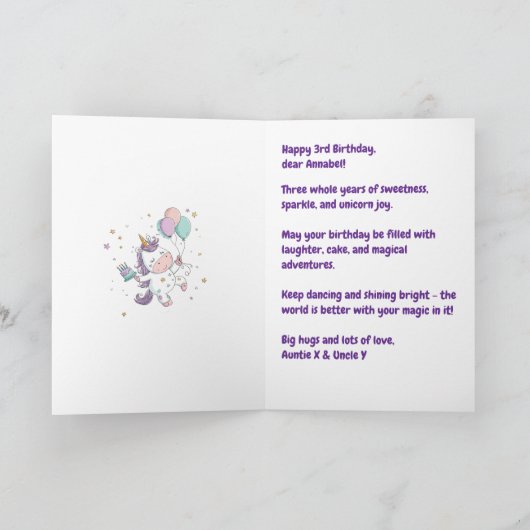 3rd, 4th, 5th, 6th Birthday Niece, Cute Unicorn  Kaart (Binnen)