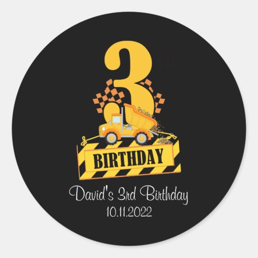 3rd Birthday Boy Construction Truck 3 Yrd Ronde Sticker (Voorkant)