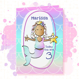 3rd Birthday Ethnic Mermaid Cartoon Adorable Cute  Kaart