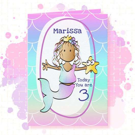 3rd Birthday Ethnic Mermaid Cartoon Adorable Cute Kaart