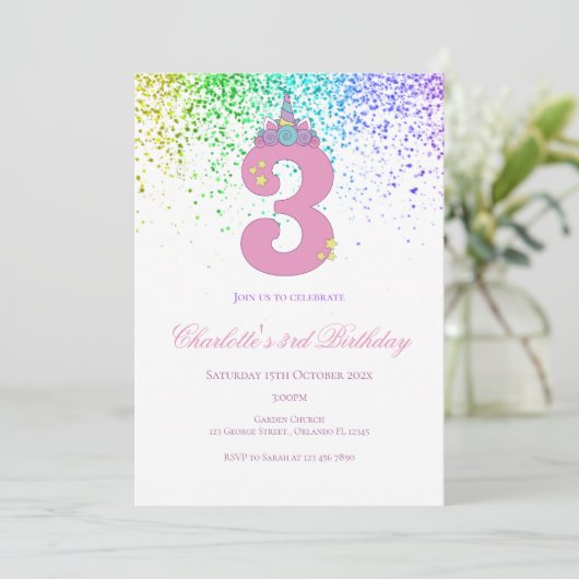 3rd birthday in pink and lilac birthday party kaart (Staand voorkant)