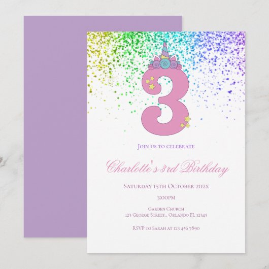 3rd birthday in pink and lilac birthday party kaart (Voorkant / Achterkant)