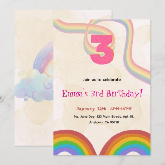 3rd Birthday Invitation Girl Editable Rainbow Kaart (Voorkant / Achterkant)