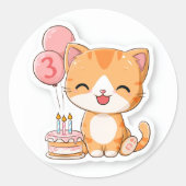 3rd Birthday, Kitten w Balloons & Cake,   Ronde Sticker (Voorkant)