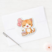3rd Birthday, Kitten w Balloons & Cake,   Ronde Sticker (Envelop)