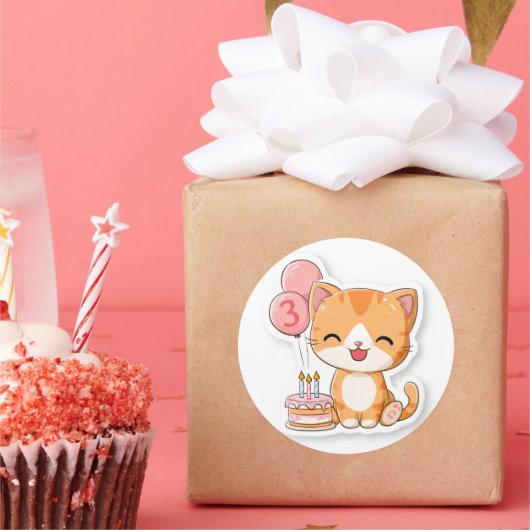 3rd Birthday, Kitten w Balloons & Cake,   Ronde Sticker (Feest)