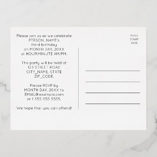 3rd Birthday Party ~ Art Deco Style “3” + Name Folie Uitnodiging Briefkaart (Achterkant)