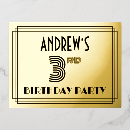 3rd Birthday Party ~ Art Deco Style “3” + Name Folie Uitnodiging Briefkaart (Voorkant)