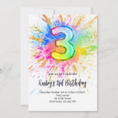 3rd Birthday Rainbow Paint Splash Invitation Kaart (Voorkant)