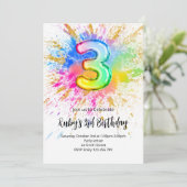 3rd Birthday Rainbow Paint Splash Invitation Kaart (Staand voorkant)