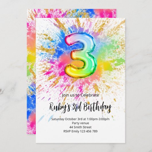 3rd Birthday Rainbow Paint Splash Invitation Kaart (Voorkant / Achterkant)