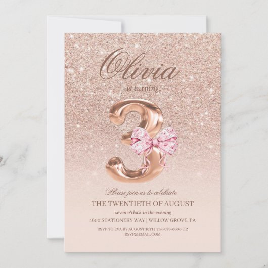 3rd Birthday Rose Pink Gold  Bow Birthday Party  Kaart (Voorkant)