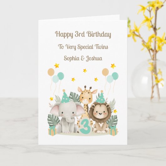 3rd Birthday Safari Animals Twin Birthday Card Kaart (Gele Bloem)
