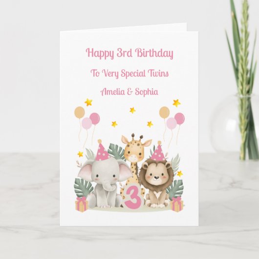 3rd Birthday Safari Animals Twin Girls Card Kaart (Voorkant)
