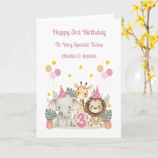 3rd Birthday Safari Animals Twin Girls Card Kaart (Gele Bloem)