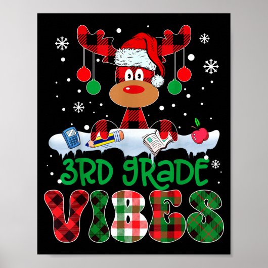 3rd Grade Vibes Teacher Buffalo Red Plaid Reindeer Poster (Voorkant)