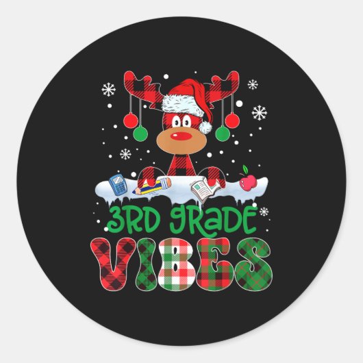 3rd Grade Vibes Teacher Buffalo Red Plaid Reindeer Ronde Sticker (Voorkant)
