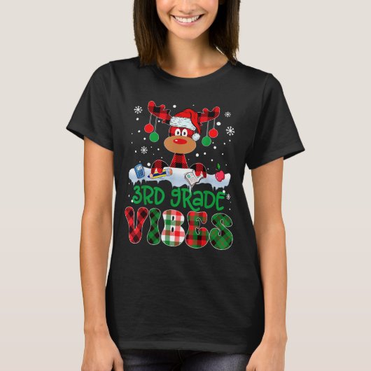 3rd Grade Vibes Teacher Buffalo Red Plaid Reindeer T-shirt (Voorkant)