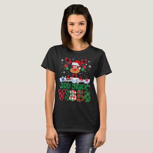 3rd Grade Vibes Teacher Buffalo Red Plaid Reindeer T-shirt (Voorkant volledig)