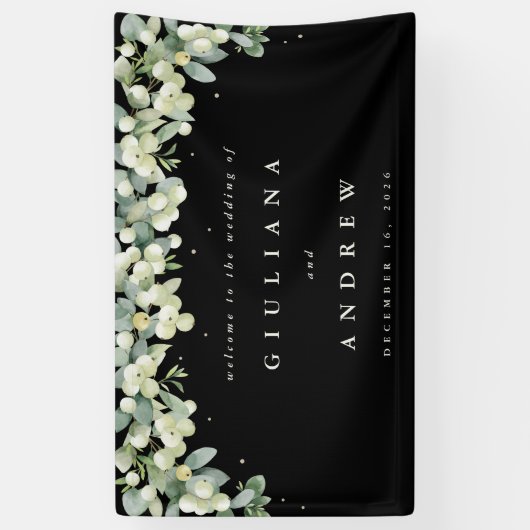 3'x5' Black Snowberry + Eucalyptus Bruiloft Welkom Spandoek (Verticaal)