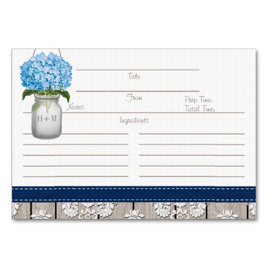 3x5 Blue Navy Hydrangea Mason Jar Recipe Cards Kaart (Voorkant)