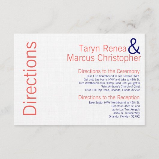 3x5 Direction Card Coral Navy Blue Name Chevron Informatiekaartje (Voorkant)