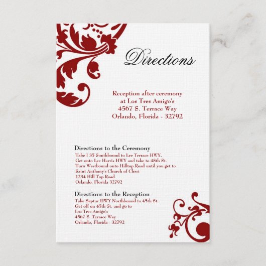 3x5 Direction Card Crimson Red Floral Filigree Informatiekaartje (Voorkant)