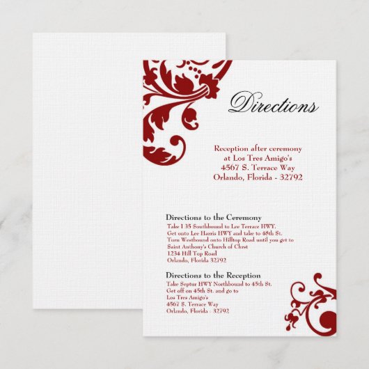 3x5 Direction Card Crimson Red Floral Filigree Informatiekaartje (Voorkant / Achterkant)