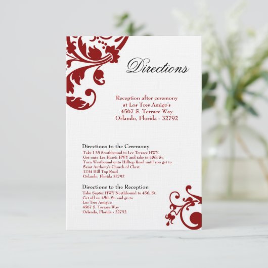 3x5 Direction Card Crimson Red Floral Filigree Informatiekaartje (Staand voorkant)
