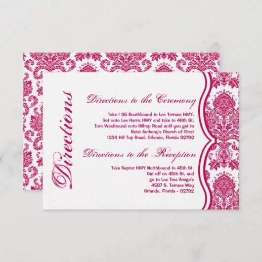 3x5 Direction Card Fusia White Damask Lace Print Informatiekaartje (Voorkant / Achterkant)