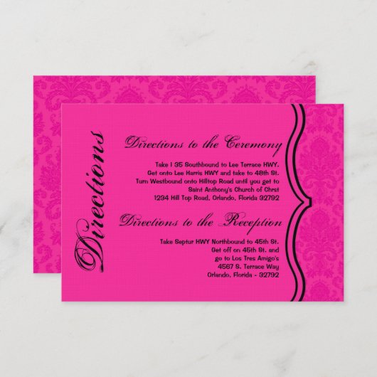 3x5 Direction Card Hot-Pink Bla Damask Lace Print Informatiekaartje (Voorkant / Achterkant)