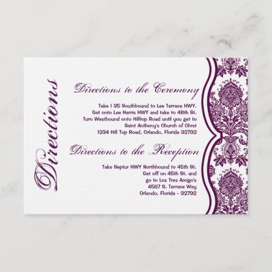 3x5 Direction Card Plum Paars Damask Lace Informatiekaartje (Voorkant)