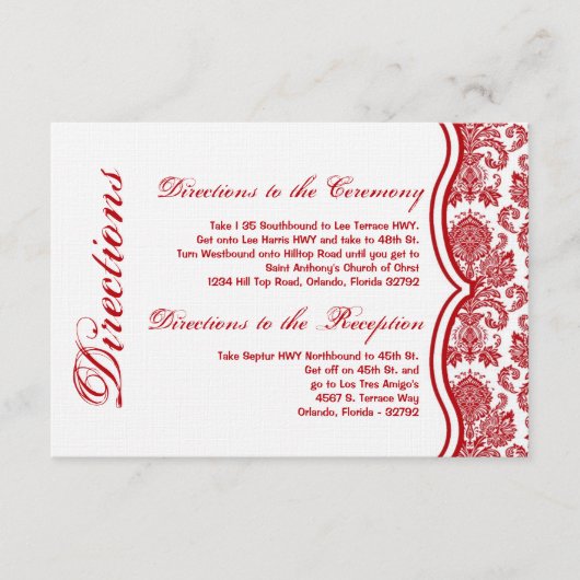 3x5 Direction Card Red White Damask Lace Print Informatiekaartje (Voorkant)