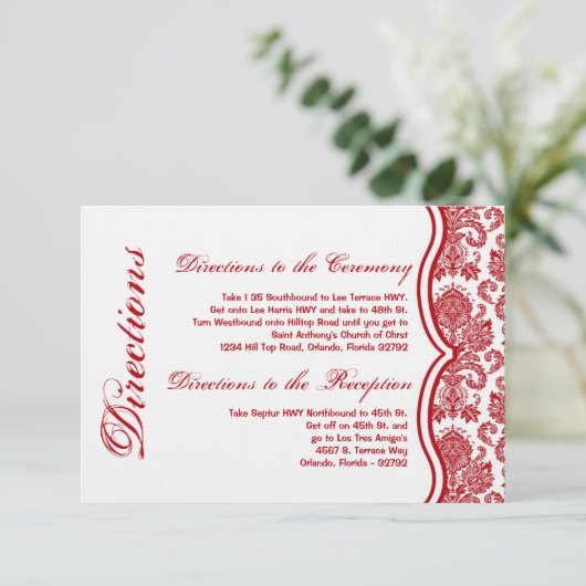 3x5 Direction Card Red White Damask Lace Print Informatiekaartje (Staand voorkant)
