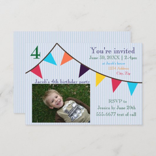 3x5 Jongens Verjaardag Uitnodiging Blauw Gestreept (Voorkant / Achterkant)