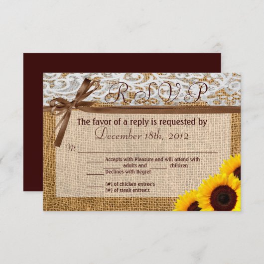 3x5 R.S.V.P. Antwoordkaart Zonnebloem Lace Burlap RSVP Kaartje (Voorkant / Achterkant)