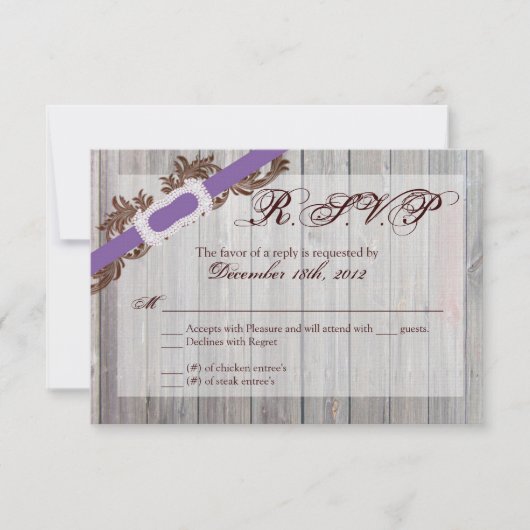3x5 R.S.V.P. Reply Card Barn Wood Diamond Ribbon RSVP Kaartje (Voorkant)