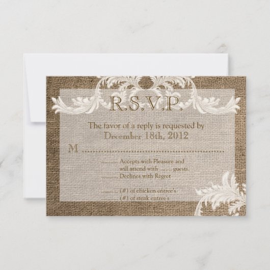 3x5 R.S.V.P. Reply Card Burlap Lace Country Wester RSVP Kaartje (Voorkant)