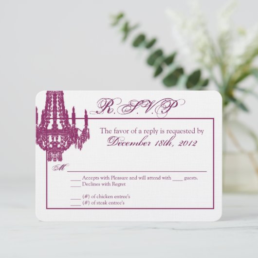 3x5 R.S.V.P. Reply Card Crystal Chandelier Glitz RSVP Kaartje (Staand voorkant)