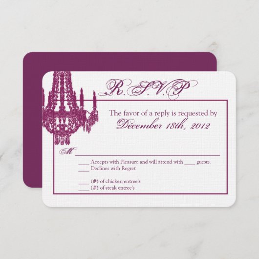 3x5 R.S.V.P. Reply Card Crystal Chandelier Glitz RSVP Kaartje (Voorkant / Achterkant)