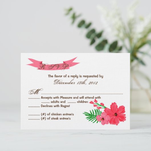 3x5 R.S.V.P. Reply Card Spring Hibiscus Flower RSVP Kaartje (Staand voorkant)