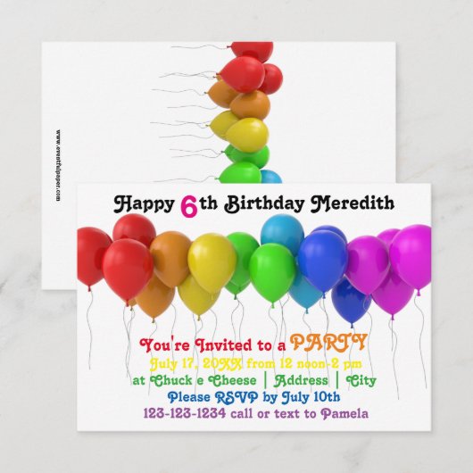 3x5 Regenboogballonnen Verjaardag uitnodiging (Voorkant / Achterkant)