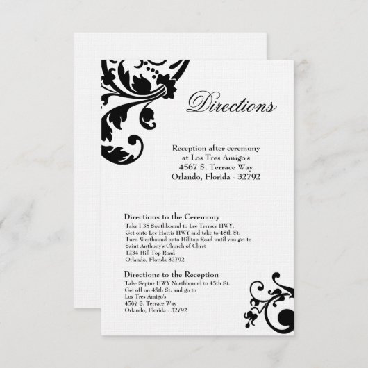 3x5 Routekaart Black White Floral Filigree Informatiekaartje (Voorkant / Achterkant)