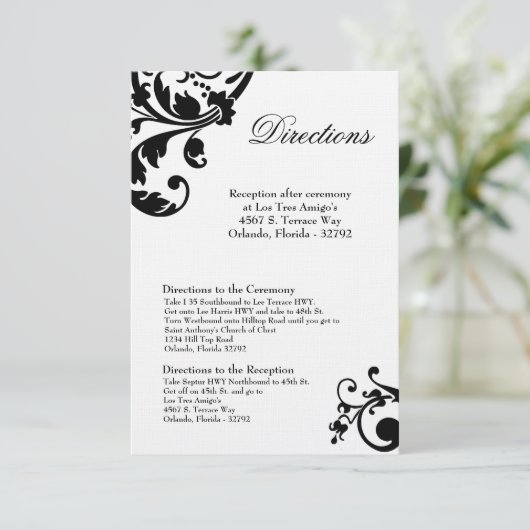 3x5 Routekaart Black White Floral Filigree Informatiekaartje (Staand voorkant)