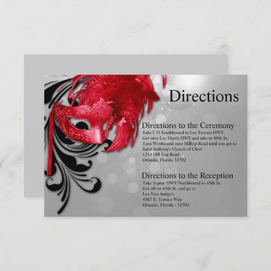 3x5 Routekaart Rood op Silver Masquerade-masker Informatiekaartje (Voorkant / Achterkant)