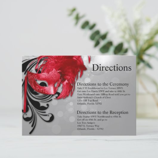 3x5 Routekaart Rood op Silver Masquerade-masker Informatiekaartje (Staand voorkant)