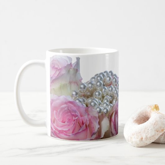 4008-Roze & Witte Rozen met Parels Koffie Mok (Met donut)