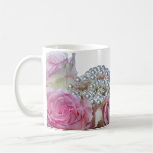4008-Roze & Witte Rozen met Parels Koffie Mok