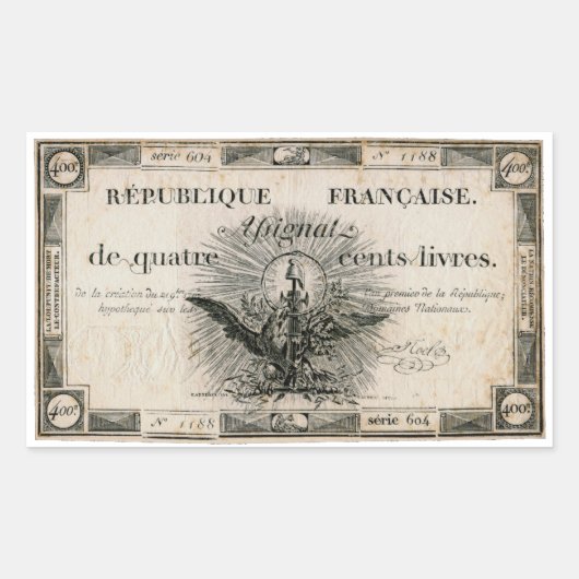 400 Livres French Revolution Assignat Bank Note Rechthoekige Sticker (Voorkant)