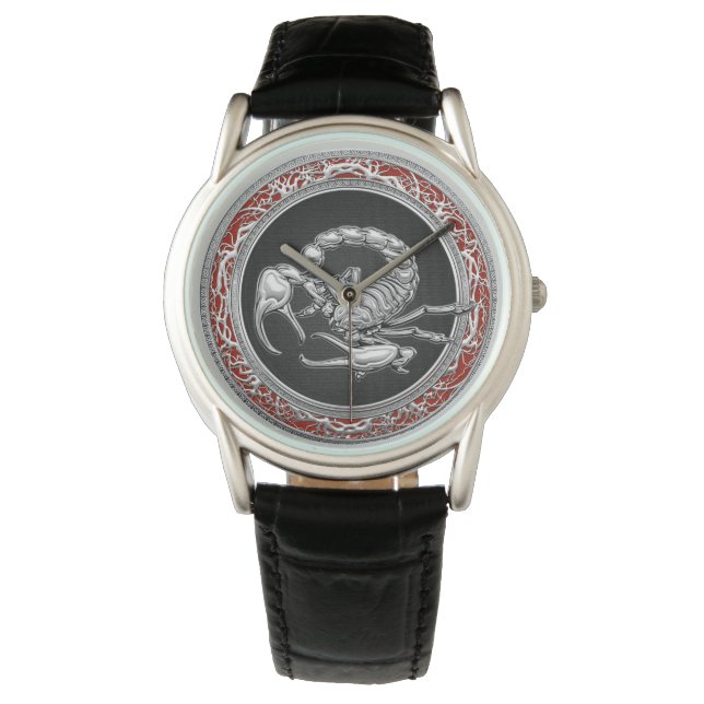 [400] Sacred Silver Scorpion op zwart Horloge (Voorkant)